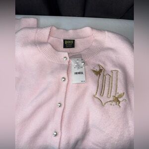 Wicked Pink Pearl-Button Cardigan with Gold Embroidery